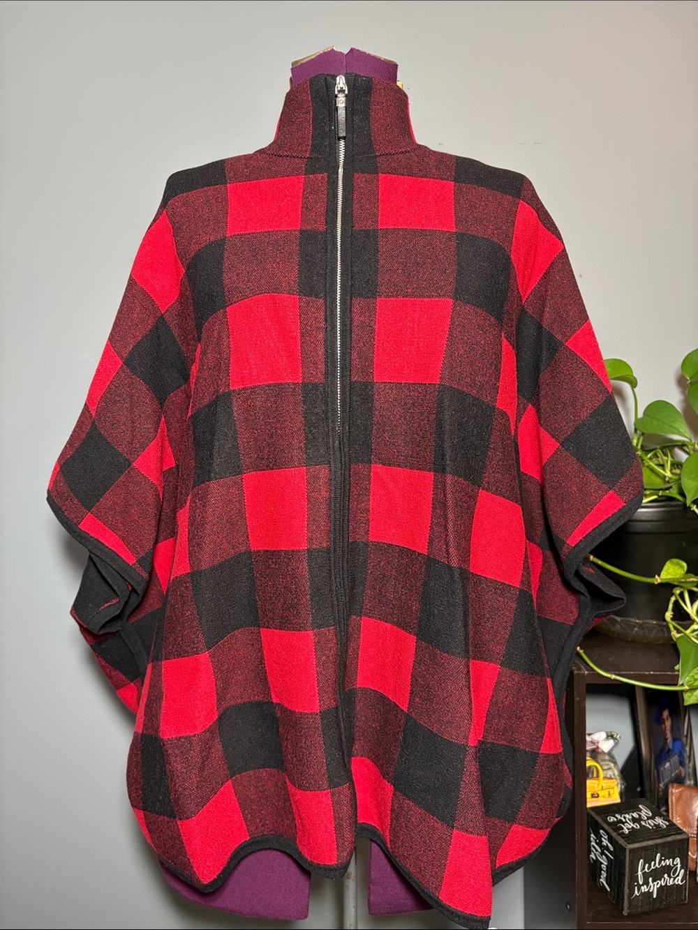 Nicole Miller Red and Black Buffalo-Check Zip Cape
